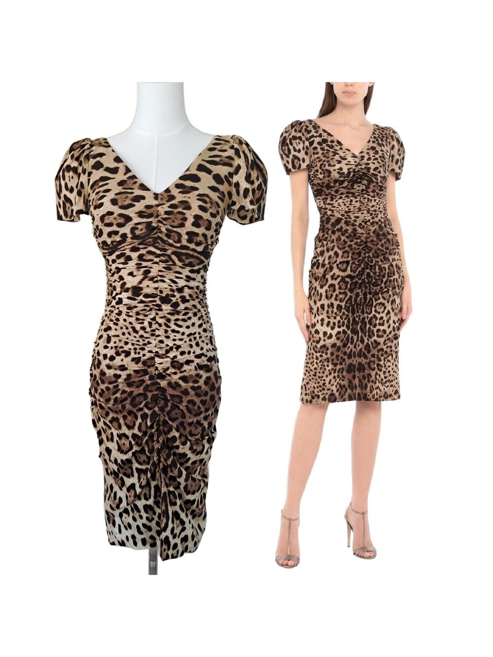 DOLCE & GABBANA Leopard Print Silk Ruched Midi Dress Size 36 / 0 Bodycon Sheath